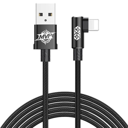 USB töltő- és adatkábel, Lightning, 100 cm, 2000 mA, gyorstöltés, 90 fokos/derékszögű, cipőfűző minta, Baseus MVP, CALMVP-01, fekete – Lightning kábel a Baseus kínálatából | Domshop
