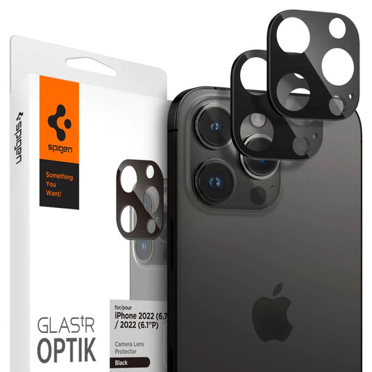 Apple iPhone 14 Pro / 14 Pro Max, Kamera lencsevédő fólia, ütésálló fólia, Tempered Glass (edzett üveg), Spigen Glastr Optik, fekete, 2 db / csomag – a Spigen kínálatából | Domshop