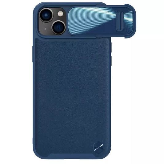 Apple iPhone 14 Plus, Műanyag hátlap védőtok, szilikon keret, kamera védelem, közepesen ütésálló, bőrhatású hátlap, Nillkin CamShield Leather "S", kék – iPhone 14 Plus tok a Nillkin kínálatából | Domshop