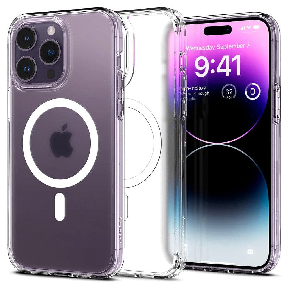 Apple iPhone 14 Pro Max, Műanyag hátlap védőtok + szilikon keret, Magsafe töltővel kompatibilis, Spigen Ultra Hybrid Mag, áttetsző/fehér – iPhone 14 Pro Max tok a Spigen kínálatából | Domshop