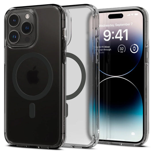 Apple iPhone 14 Pro, Műanyag hátlap védőtok + szilikon keret, Magsafe töltővel kompatibilis, Spigen Ultra Hybrid Mag, áttetsző/fekete – iPhone 14 Pro tok a Spigen kínálatából | Domshop