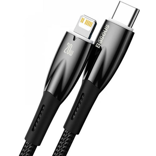 USB Type-C töltő- és adatkábel, Lightning, 200 cm, 2400mA, 20W, törésgátlóval, gyorstöltés, PD, Baseus Glimmer, CADH000101, fekete – Lightning kábel a Baseus kínálatából | Domshop