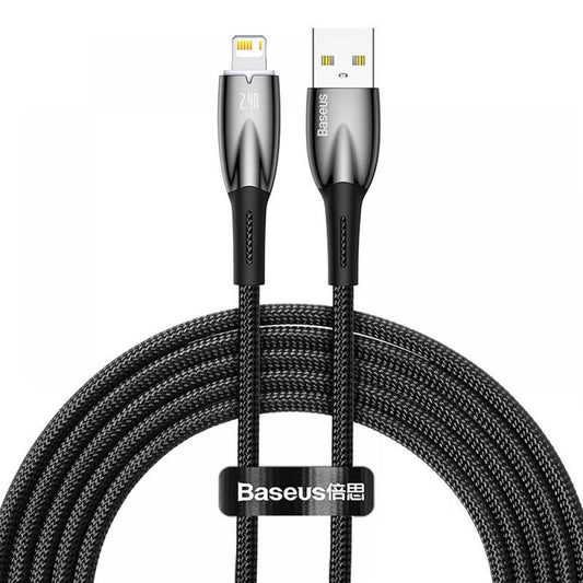 USB töltő- és adatkábel, Lightning, 200 cm, 2400 mA, törésgátlóval, gyorstöltés, Baseus Glimmer, CADH000301, fekete – Lightning kábel a Baseus kínálatából | Domshop