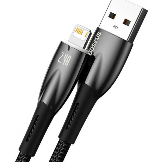 USB töltő- és adatkábel, Lightning, 200 cm, 2400 mA, törésgátlóval, gyorstöltés, Baseus Glimmer, CADH000301, fekete – Lightning kábel a Baseus kínálatából | Domshop