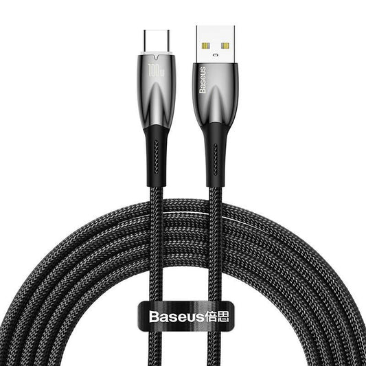 USB töltő- és adatkábel, USB Type-C, 200 cm, 6000 mA, 100W, törésgátlóval, gyorstöltés, Baseus Glimmer, CADH000501, fekete – USB-C kábel a Baseus kínálatából | Domshop