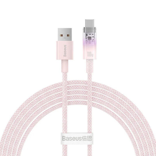 USB töltő- és adatkábel, USB Type-C, 200 cm, 6000 mA, 100W, gyorstöltés, cipőfűző minta, Baseus Explorer, CATS010504, rózsaszín – USB-C kábel a Baseus kínálatából | Domshop