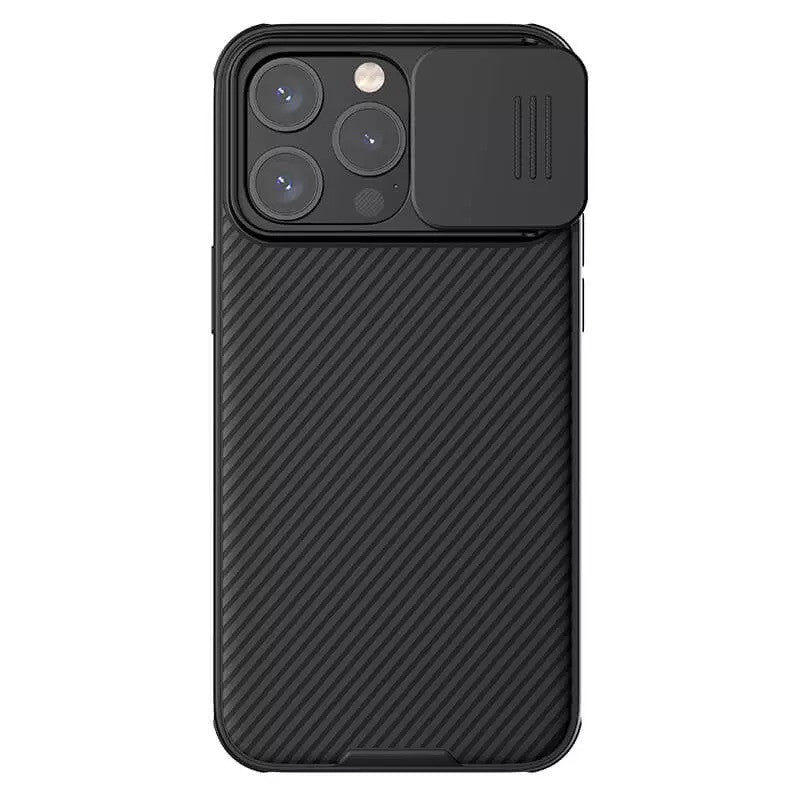 Apple iPhone 15 Pro Max, Műanyag hátlap + szilikon keret, közepesen ütésálló, kamera védelem, Magsafe töltővel kompatibilis, csíkos minta, Nillkin CamShield Pro Magnetic, fekete – iPhone 15 Pro Max tok a Nillkin kínálatából | Domshop