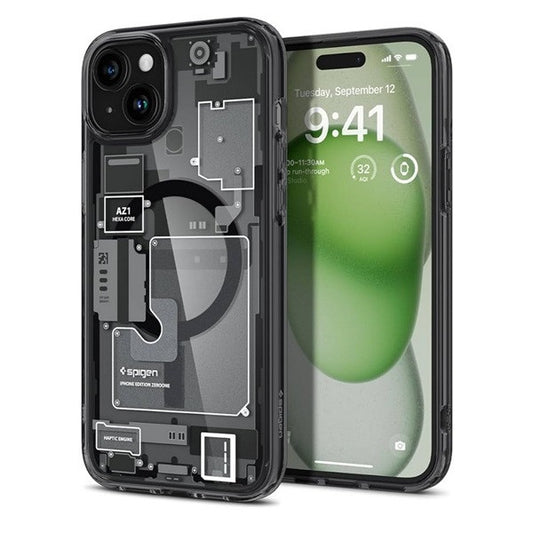 Apple iPhone 15 Plus, Műanyag hátlap védőtok + szilikon keret, Magsafe töltővel kompatibilis, iPhone belső minta, Spigen Ultra Hybrid Zero One Mag, átlátszó/füst – iPhone 15 Plus tok a Spigen kínálatából | Domshop