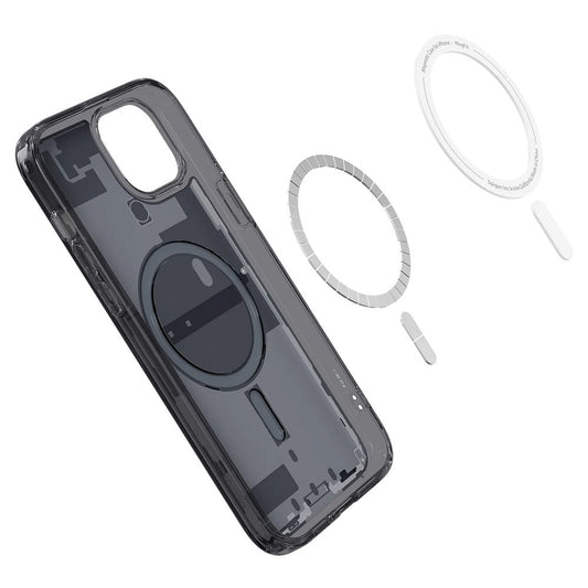 Apple iPhone 15 Plus, Műanyag hátlap védőtok + szilikon keret, Magsafe töltővel kompatibilis, iPhone belső minta, Spigen Ultra Hybrid Zero One Mag, átlátszó/füst – iPhone 15 Plus tok a Spigen kínálatából | Domshop