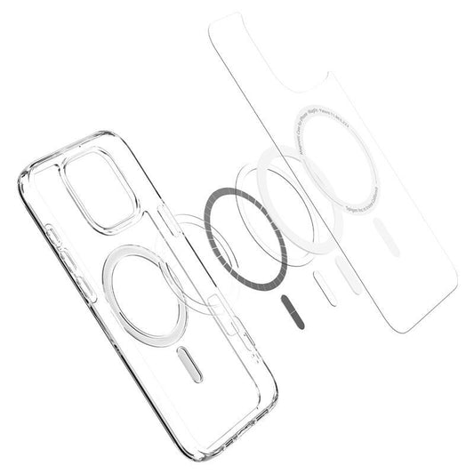 Apple iPhone 16 Pro Max, Szilikon tok + műanyag keret, közepesen ütésálló, Magsafe töltővel kompatibilis, Spigen Crystal Hybrid Mag, átlátszó/fehér