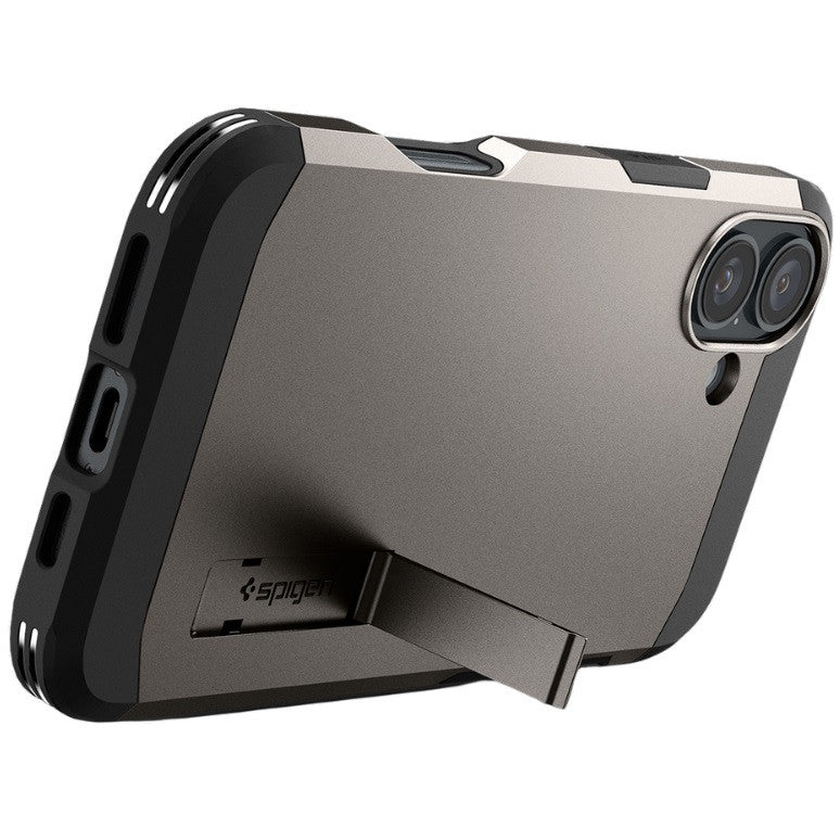 Apple iPhone 16 Plus, Szilikon tok + műanyag hátlap, Magsafe töltővel kompatibilis, kitámasztóval, Spigen Tough Armor Mag, sötétszürke