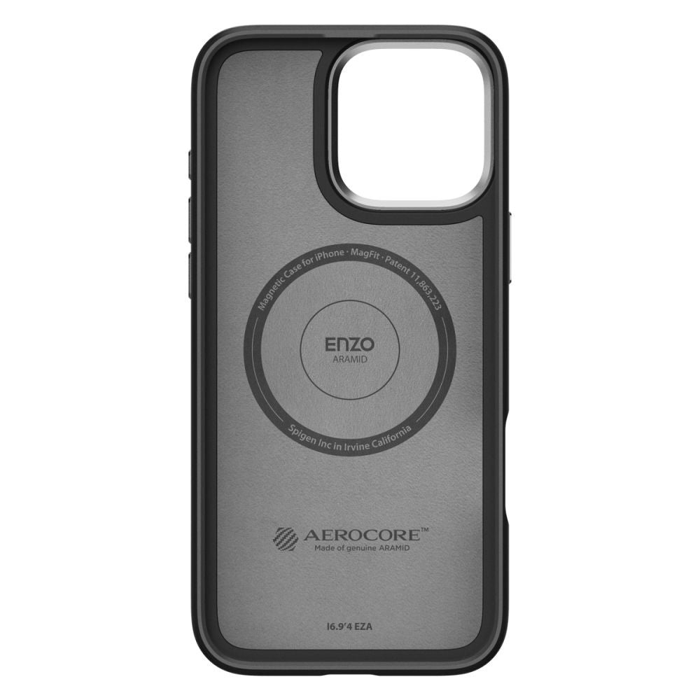 Apple iPhone 16 Pro, Szilikon tok, közepesen ütésálló, aramid szállal, Magsafe töltővel kompatibilis, karbon minta, Spigen Enzo Aramid, fekete/ezüst – iPhone 16 Pro tok a Spigen kínálatából | Domshop