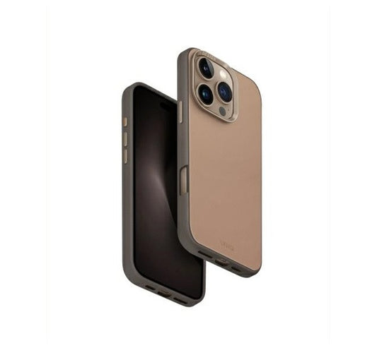 Apple iPhone 16 Pro, Műanyag hátlap védőtok, bőrhatásű hátlap, Magsafe töltővel kompatibilis, Uniq Lyden DS, barna/szürke – iPhone 16 Pro tok a Uniq kínálatából | Domshop