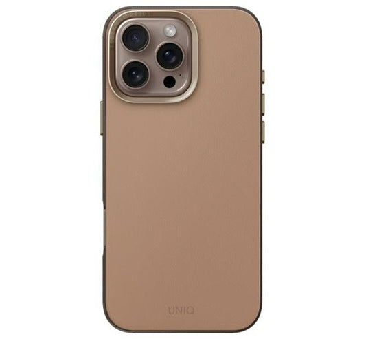 Apple iPhone 16 Pro, Műanyag hátlap védőtok, bőrhatásű hátlap, Magsafe töltővel kompatibilis, Uniq Lyden DS, barna/szürke – iPhone 16 Pro tok a Uniq kínálatából | Domshop