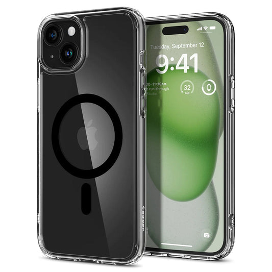 Apple iPhone 15 Plus, Műanyag hátlap védőtok + szilikon keret, Magsafe töltővel kompatibilis, Spigen Ultra Hybrid Mag, átlátszó/fekete – iPhone 15 Plus tok a Spigen kínálatából | Domshop