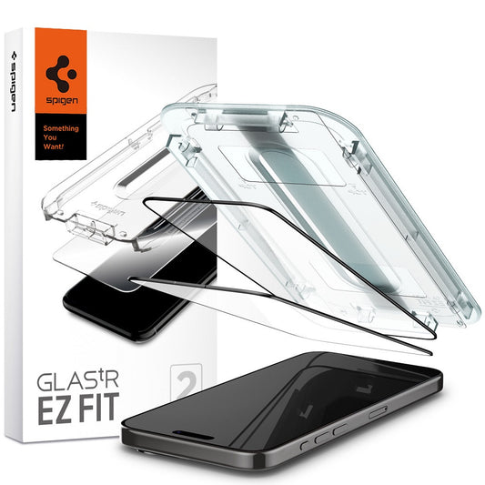 Apple iPhone 15 Pro Max, Kijelzővédő fólia, ütésálló fólia (az íves részre is!), Tempered Glass (edzett üveg), Spigen Ez Fit, fekete, 2 db / csomag – iPhone 15 Pro Max tok a Spigen kínálatából | Domshop