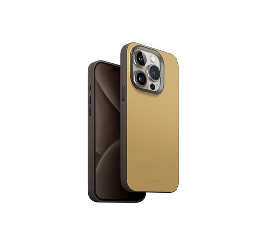 Apple iPhone 15 Pro, Műanyag hátlap védőtok, bőrhatásű hátlap, Magsafe töltővel kompatibilis, Uniq Lyden DS, kanári sárga/szürke – iPhone 15 Pro tok a Uniq kínálatából | Domshop