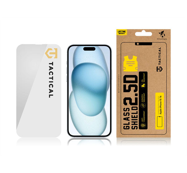 Apple iPhone 15 / 16, Kijelzővédő fólia, ütésálló fólia (az íves részre NEM hajlik rá!), Tempered Glass (edzett üveg), Tactical Glass Shield 2.5D, Clear