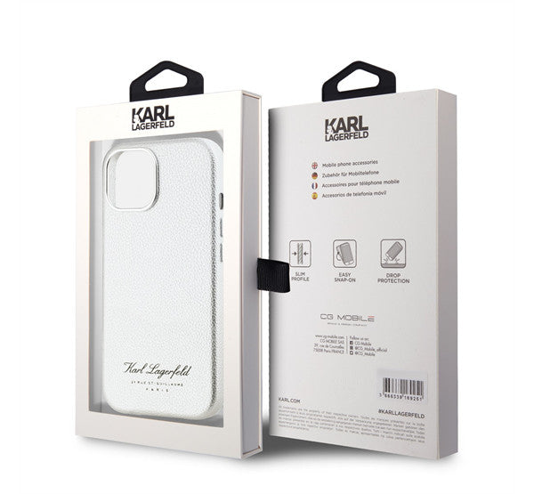 Karl Lagerfeld Grained PU Hotel RSG iPhone 15 hátlap tok, ezüst – iPhone 15 tok a Karl Lagerfeld kínálatából | Domshop