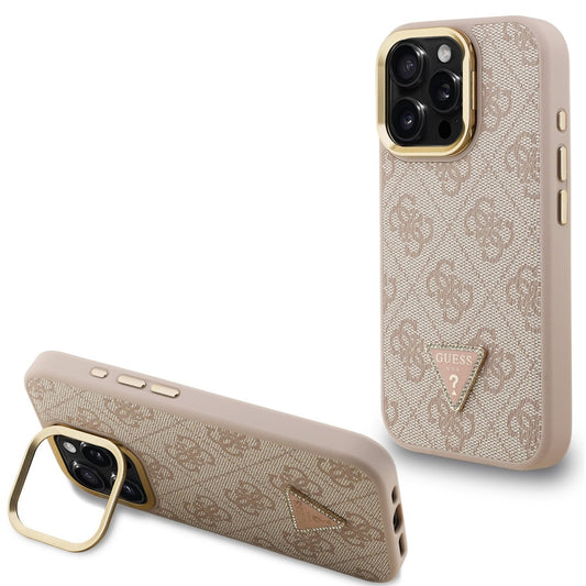 Guess PU 4G Strass Triangle Logo Apple iPhone 15 Pro MagSafe tok kitámasztható kamera peremmel, rózsaszín-arany
