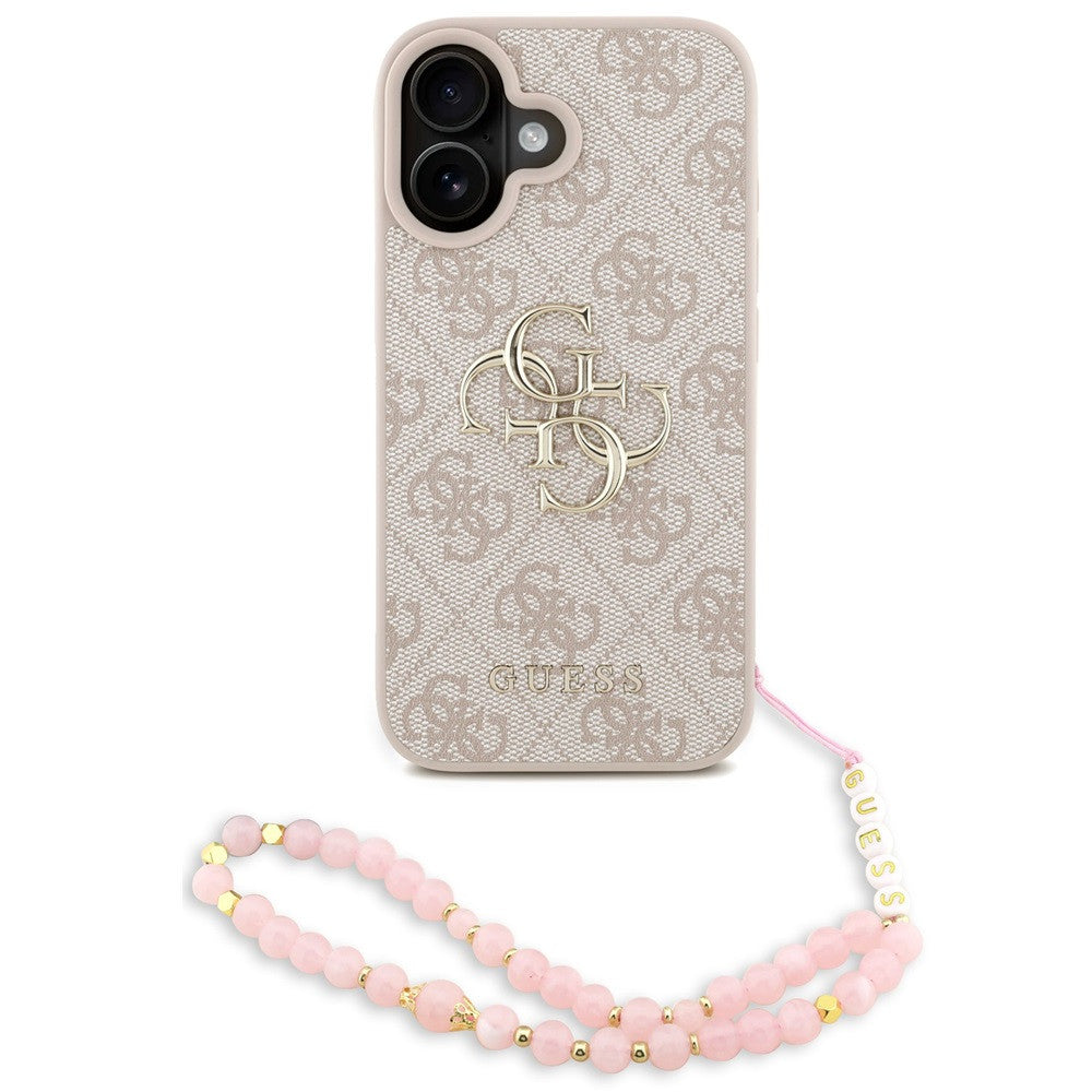 Guess PU 4G Metal Logo Strap Apple iPhone 16 hátlap tok korall színű karpánttal, rózsaszín-arany