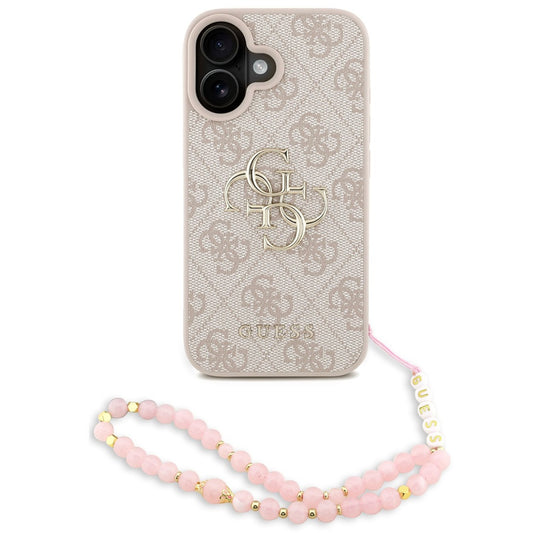Guess PU 4G Metal Logo Strap Apple iPhone 16 hátlap tok korall színű karpánttal, rózsaszín-arany