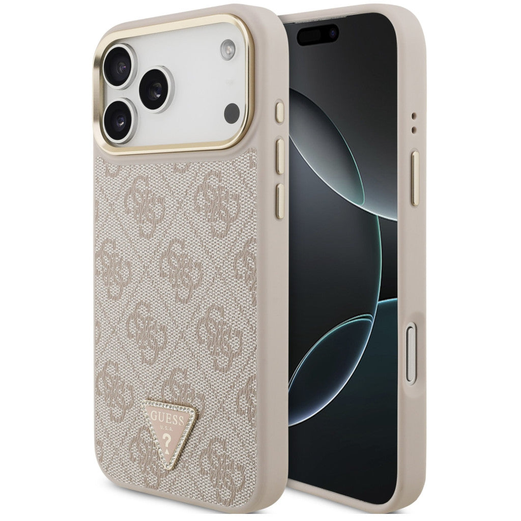 Guess PU Leather 4G Triangle Logo Gold Frame Apple iPhone 17 Pro Max MagSafe hátlap tok, rózsaszín