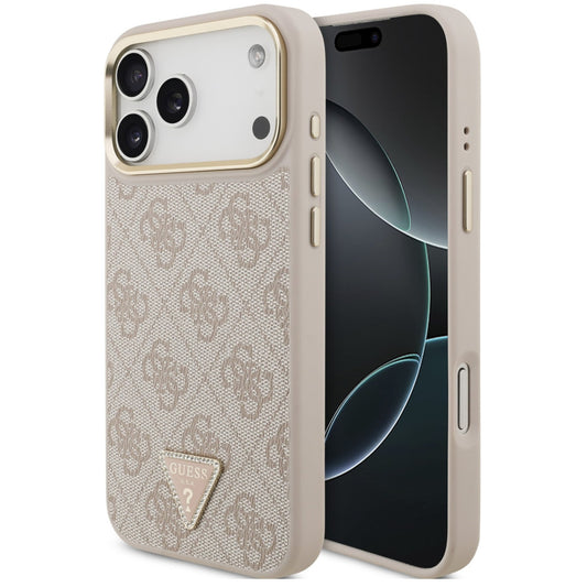 Guess PU Leather 4G Triangle Logo Gold Frame Apple iPhone 17 Pro Max MagSafe hátlap tok, rózsaszín