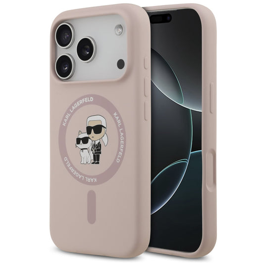 Karl Lagerfeld Liquid Silicone Karl and Choupette MagSafe iPhone 17 Pro Max hátlap tok, rózsaszín