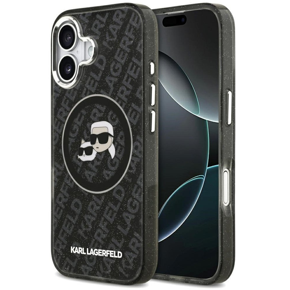 Karl Lagerfeld IML Glitter Karl & Choupette Heads Logo iPhone 17 MagSafe kompatibilis hátlap tok, fekete