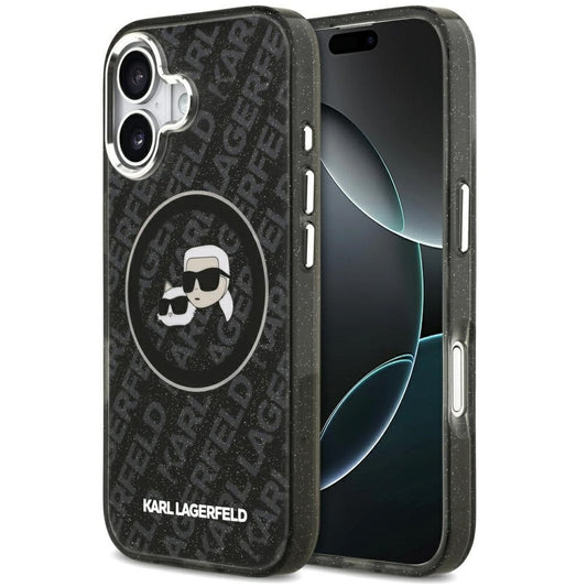 Karl Lagerfeld IML Glitter Karl & Choupette Heads Logo iPhone 17 MagSafe kompatibilis hátlap tok, fekete