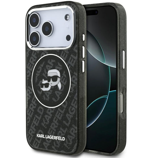 Karl Lagerfeld IML Glitter Karl & Choupette Heads Logo iPhone 17 Pro MagSafe kompatibilis hátlap tok, fekete