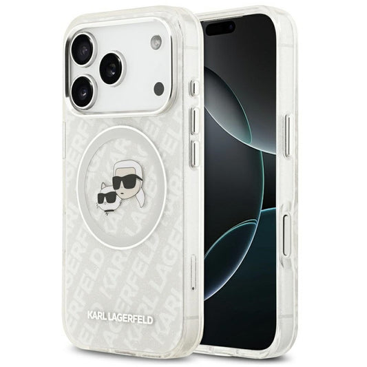 Karl Lagerfeld IML Glitter Karl & Choupette Heads Logo iPhone 17 Pro Max MagSafe kompatibilis hátlap tok, szürke