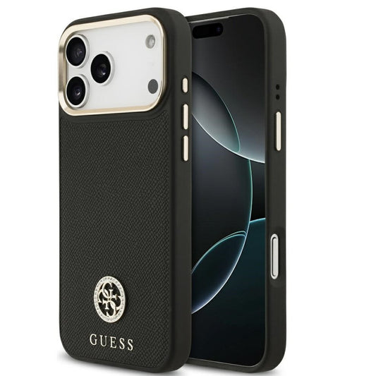 Guess 4G Grained Strass Logo Apple iPhone 17 Pro Max MagSafe tok kameravédő peremmel, fekete-arany