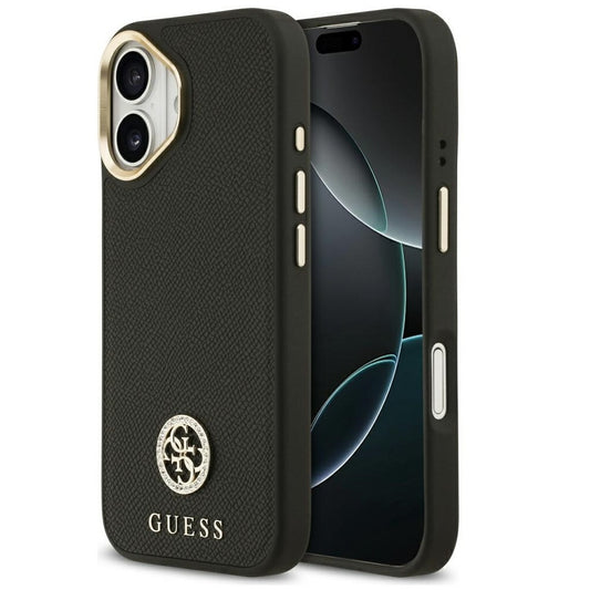 Guess 4G Grained Strass Logo Apple iPhone 17 MagSafe tok kameravédő peremmel, fekete-arany