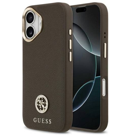 Guess 4G Grained Strass Logo Apple iPhone 17 MagSafe tok kameravédő peremmel, barna-arany