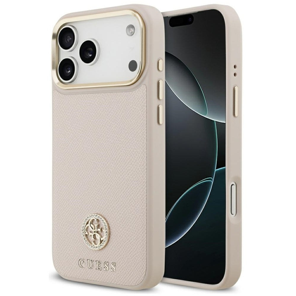 Guess 4G Grained Strass Logo Apple iPhone 17 Pro MagSafe tok kameravédő peremmel, rózsaszín-arany
