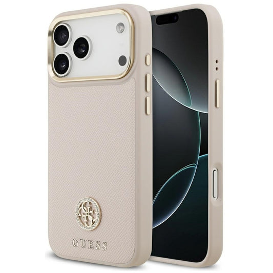 Guess 4G Grained Strass Logo Apple iPhone 17 Pro MagSafe tok kameravédő peremmel, rózsaszín-arany