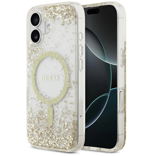 Guess Resin Bottom Glitter Apple iPhone 17 MagSafe tok, csillámos, átlátszó-arany