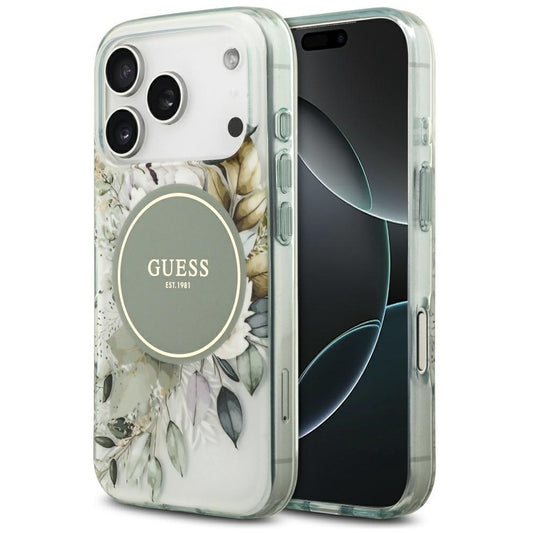 Guess IML Flower & Tonal Circle Apple iPhone 17 Pro MagSafe tok, virág minta, zöld