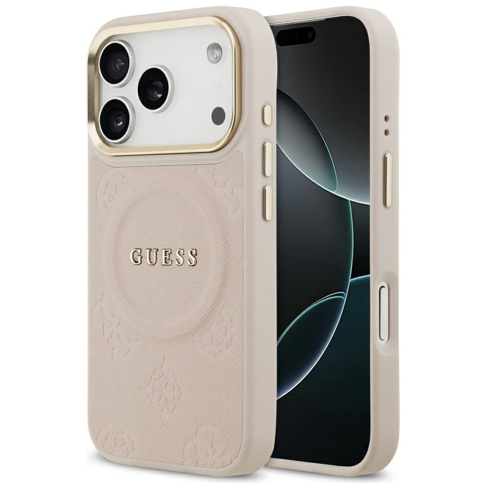 Guess Peony Hot Stamp Apple iPhone 17 Pro MagSafe tok kameravédő peremmel, rózsaszín-arany
