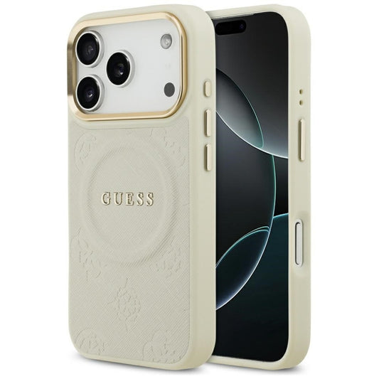 Guess Peony Hot Stamp Apple iPhone 17 Pro MagSafe tok kameravédő peremmel, bézs