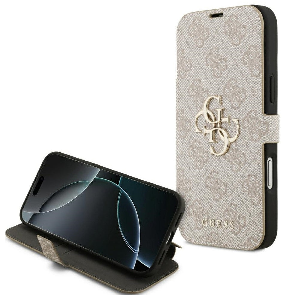 Guess Book 4G Metal Logo Apple iPhone 17 Pro Max oldalra nyíló tok kártyatartóval, rózsaszín