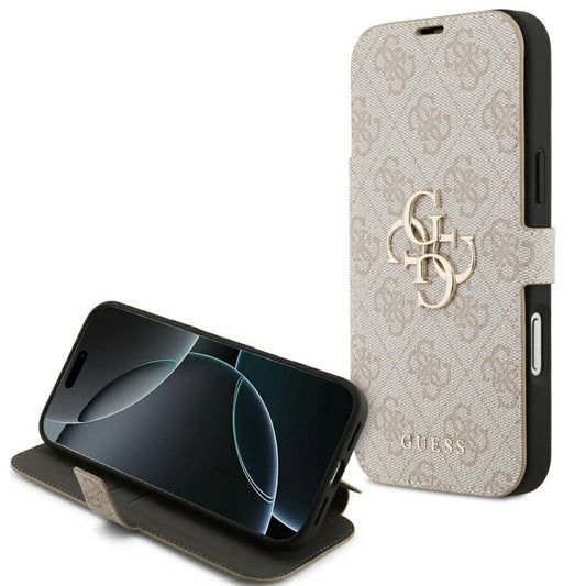 Guess Book 4G Metal Logo Apple iPhone 17 Pro Max oldalra nyíló tok kártyatartóval, rózsaszín