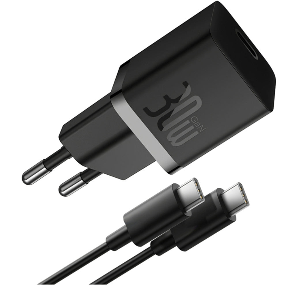 Baseus GaN5 Mini USB-C hálózati gyorstöltő adapter 30W, + USB-C-USB-C fonott kábel, 100W, fekete