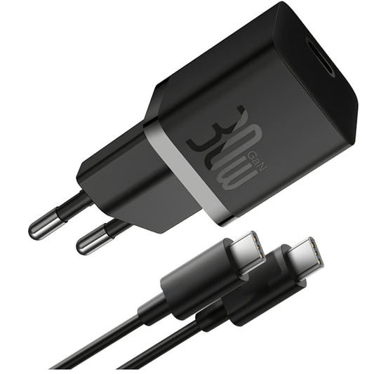 Baseus GaN5 Mini USB-C hálózati gyorstöltő adapter 30W, + USB-C-USB-C fonott kábel, 100W, fekete