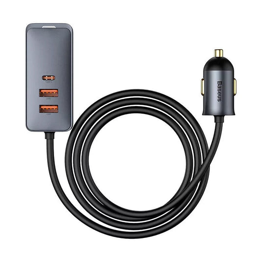 Baseus Share Together 3xUSB-A-USB-C autós töltő beépített kábellel, 120W, 1,5m, szürke
