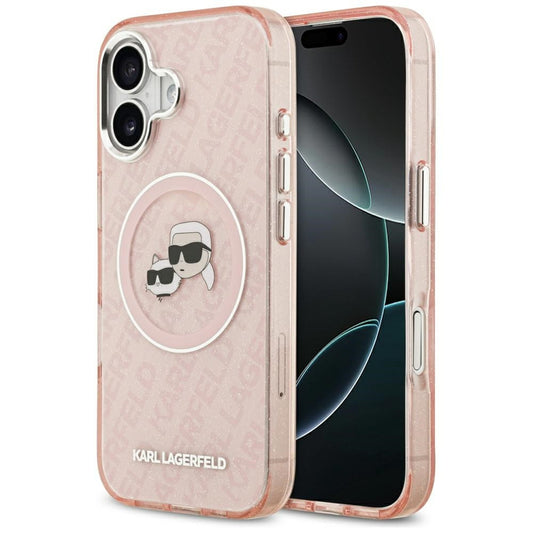 Karl Lagerfeld IML Glitter Karl & Choupette Heads Logo Apple iPhone 17 MagSafe kompatibilis hátlap tok, csillámos, rózsaszín