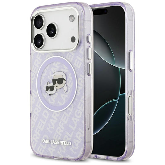 Karl Lagerfeld IML Glitter Karl & Choupette Heads Logo Apple iPhone 17 Pro MagSafe kompatibilis hátlap tok, csillámos, lila