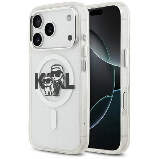 Karl Lagerfeld IML Glitter Karl & Choupette Sketch Logo Apple iPhone 17 Pro MagSafe kompatibilis hátlap tok, átlátszó